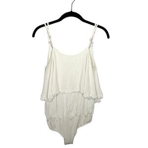 PROMESA / off white cream linen blend ruffle tank bodysuit / S